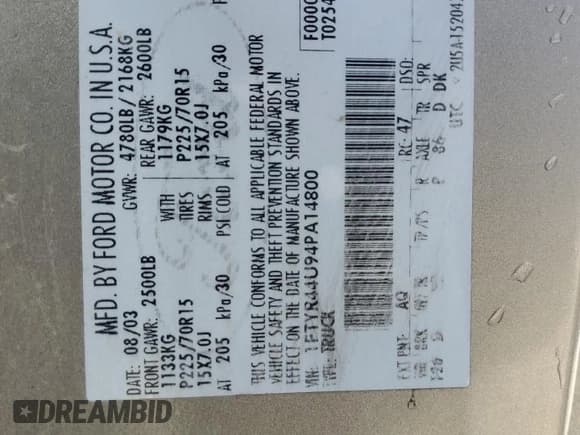 ✅ 2004 Ford Ranger XL Fleet • VIN: 1FTYR44U94PA14800 • Лот: 87258015. Опубликован ранее на Copart с пробегом 221 323 миль. Бесплатный доступ к архиву аукционных продаж из США и подробный отчёт об истории автомобиля на DreamBid. Изображение 12.