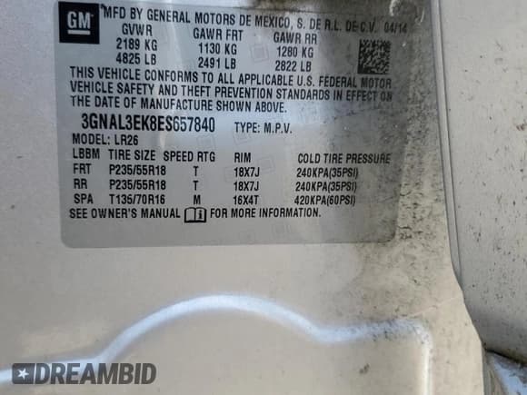 ✅ 2014 Chevrolet Captiva Sport LT • VIN: 3GNAL3EK8ES657840 • Lot: 55347425. Wystawiony na Copart z przebiegiem 205 064 mil. Bezpłatny archiwum sprzedaży aukcyjnych z USA i szczegółowy raport historii pojazdu na DreamBid. Zdjęcie 13.