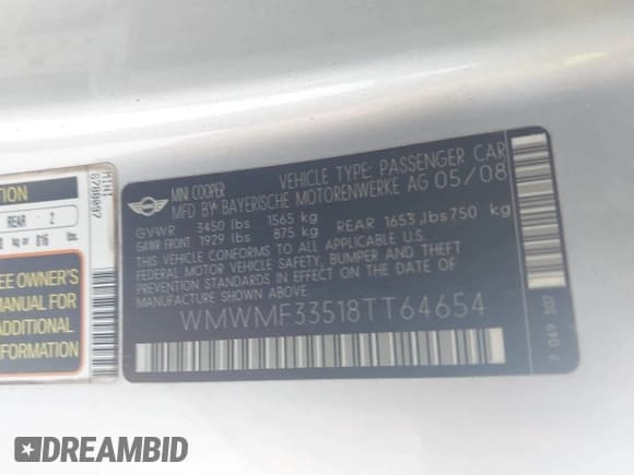 ✅ 2008 MINI Hardtop • VIN: WMWMF33518TT64654 • Лот: 42974183. Опубликован ранее на IAAI с пробегом 86 166 миль. Бесплатный доступ к архиву аукционных продаж из США и подробный отчёт об истории автомобиля на DreamBid. Изображение 9.