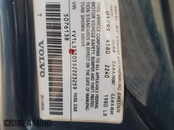 ✅ 1995 Volvo 850 • VIN: YV1LS5505S2223259 • Lot: 54256805. Listed on Copart with 231,681 mi. Free auction sales archive from the USA and detailed vehicle history report at DreamBid. Image 12.