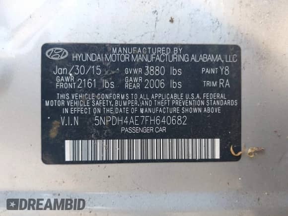 2015 Hyundai Elantra Limited with VIN 5NPDH4AE7FH640682, listed as a IAAI auction lot 42310922 with 103,562 mi miles and . Bid and sale history available at DreamBid. Image 9.