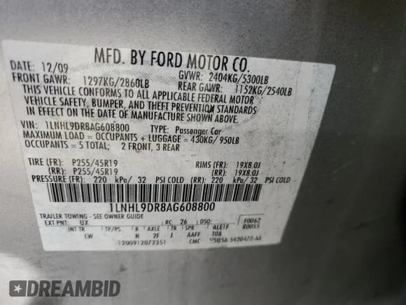 ✅ 2010 Lincoln MKS • VIN: 1LNHL9DR8AG608800 • Lot: 89734745. Listed on Copart with 299,234 mi. Free auction sales archive from the USA and detailed vehicle history report at DreamBid. Image 12.