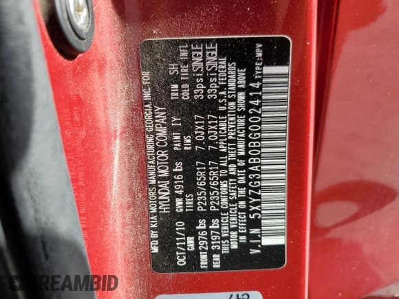 ✅ 2011 Hyundai Santa Fe GLS • VIN: 5XYZG3AB0BG002414 • Lot: 79320024. Listed on Copart with 180,763 mi. Free auction sales archive from the USA and detailed vehicle history report at DreamBid. Image 13.