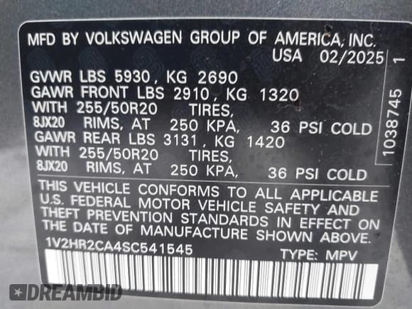 ✅ 2025 Volkswagen Atlas SE • VIN: 1V2HR2CA4SC541545 • Лот: 43258474. Опубликован ранее на IAAI с пробегом 11 421 миль. Бесплатный доступ к архиву аукционных продаж из США и подробный отчёт об истории автомобиля на DreamBid. Изображение 9.