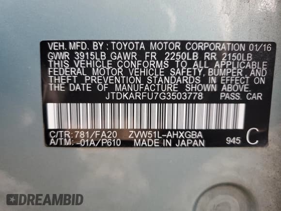 ✅ 2016 Toyota Prius Three • VIN: JTDKARFU7G3503778 • Lot: 93983215. Listed on Copart with 121,767 mi. Free auction sales archive from the USA and detailed vehicle history report at DreamBid. Image 13.