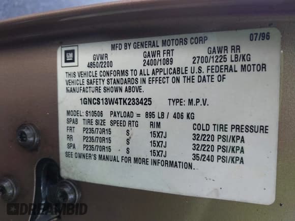 ✅ 1996 Chevrolet Blazer LS • VIN: 1GNCS13W4TK233425 • Lot: 42793679. Wystawiony na IAAI z przebiegiem 202 943 mil. Bezpłatny archiwum sprzedaży aukcyjnych z USA i szczegółowy raport historii pojazdu na DreamBid. Zdjęcie 9.