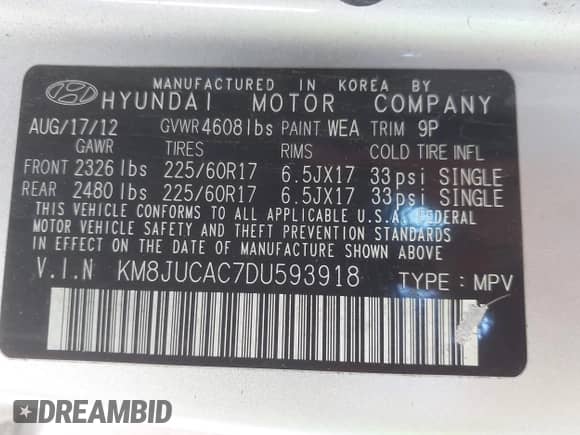 2013 Hyundai Tucson GLS с VIN KM8JUCAC7DU593918, выставлен на аукционе IAAI как лот 43626735 с пробегом 141 479 миль миль и . История ставок и продаж доступна на DreamBid. Изображение 9.