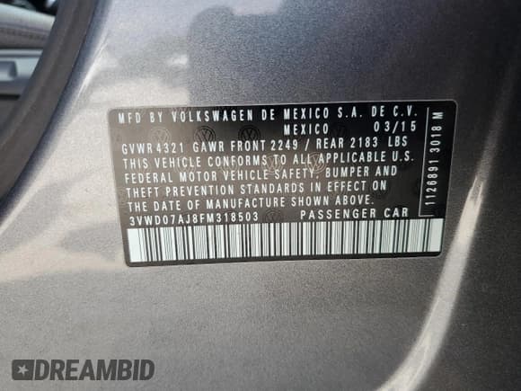 ✅ 2015 Volkswagen Jetta SE • VIN: 3VWD07AJ8FM318503 • Lot: 82072295. Listed on Copart with 77,037 mi. Free auction sales archive from the USA and detailed vehicle history report at DreamBid. Image 12.