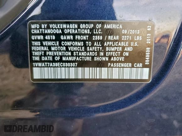 ✅ 2014 Volkswagen Passat S • VIN: 1VWAT7A39EC030307 • Lot: 95159585. Listed on Copart with 133,918 mi. Free auction sales archive from the USA and detailed vehicle history report at DreamBid. Image 12.