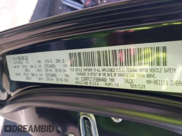 ✅ 2015 Ram 1500 Sport • VIN: 1C6RR7UT1FS684460 • Lot: 42354978. Listed on IAAI with 57,824 mi. Free auction sales archive from the USA and detailed vehicle history report at DreamBid. Image 9.