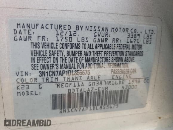 ✅ 2013 Nissan Versa S Plus • VIN: 3N1CN7AP1DL855675 • Lot: 59024795. Listed on Copart with Not provided. Free auction sales archive from the USA and detailed vehicle history report at DreamBid. Image 12.