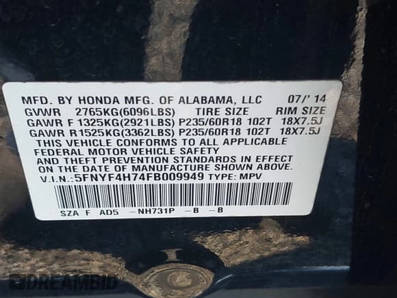 ✅ 2015 Honda Pilot EX-L • VIN: 5FNYF4H74FB009949 • Lot: 43806484. Listed on IAAI with 196,118 mi. Free auction sales archive from the USA and detailed vehicle history report at DreamBid. Image 9.