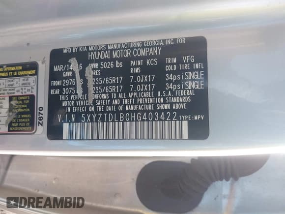 ✅ 2017 Hyundai Santa Fe 2.4L • VIN: 5XYZTDLB0HG403422 • Лот: 43452977. Опубликован ранее на IAAI с пробегом 104 182 миль. Бесплатный доступ к архиву аукционных продаж из США и подробный отчёт об истории автомобиля на DreamBid. Изображение 8.