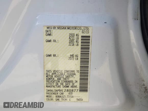 ✅ 2015 Nissan Altima SV • VIN: 1N4AL3AP9FC280877 • Lot: 43079625. Listed on IAAI with 189,639 mi. Free auction sales archive from the USA and detailed vehicle history report at DreamBid. Image 9.