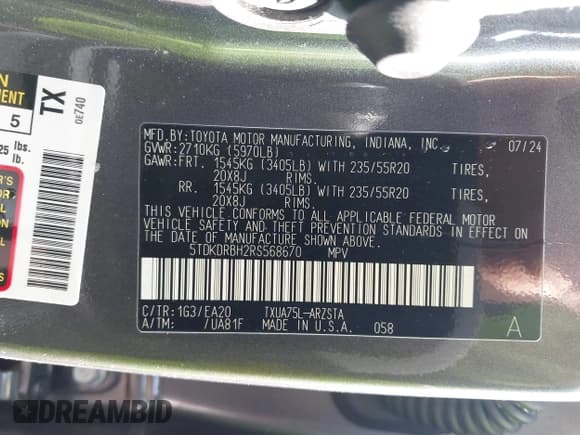 ✅ 2024 Toyota Highlander LE • VIN: 5TDKDRBH2RS568670 • Лот: 42549212. Опубликован ранее на IAAI с пробегом 10 600 миль. Бесплатный доступ к архиву аукционных продаж из США и подробный отчёт об истории автомобиля на DreamBid. Изображение 9.