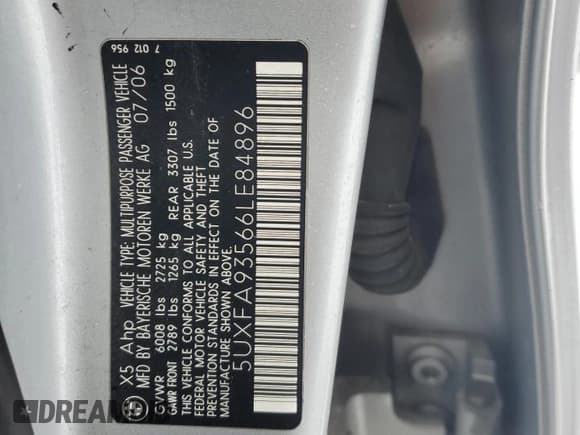 ✅ 2006 BMW X5 4.8is • VIN: 5UXFA93566LE84896 • Лот: 44562335. Опубликован ранее на Copart с пробегом 221 900 миль. Бесплатный доступ к архиву аукционных продаж из США и подробный отчёт об истории автомобиля на DreamBid. Изображение 13.