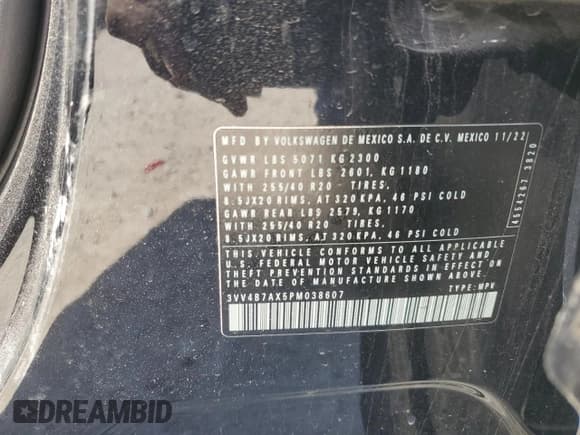 ✅ 2023 Volkswagen Tiguan SEL R-Line • VIN: 3VV4B7AX5PM038607 • Lot: 46244715. Listed on Copart with 26,691 mi. Free auction sales archive from the USA and detailed vehicle history report at DreamBid. Image 13.