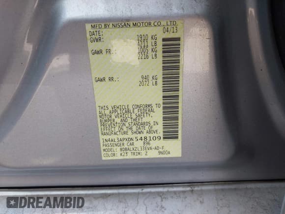 ✅ 2013 Nissan Altima S • VIN: 1N4AL3APXDN548109 • Лот: 43622324. Опубликован ранее на IAAI с пробегом 93 304 миль. Бесплатный доступ к архиву аукционных продаж из США и подробный отчёт об истории автомобиля на DreamBid. Изображение 9.