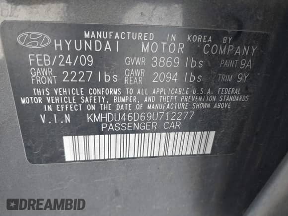 ✅ 2009 Hyundai Elantra GLS • VIN: KMHDU46D69U712277 • Лот: 43336215. Опубликован ранее на IAAI с пробегом 176 008 миль. Бесплатный доступ к архиву аукционных продаж из США и подробный отчёт об истории автомобиля на DreamBid. Изображение 9.