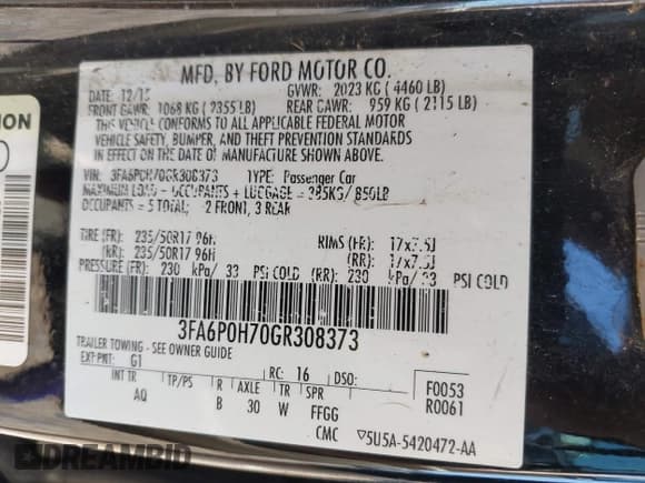 ✅ 2016 Ford Fusion SE • VIN: 3FA6P0H70GR308373 • Lot: 42036408. Listed on IAAI with 216,518 mi. Free auction sales archive from the USA and detailed vehicle history report at DreamBid. Image 9.