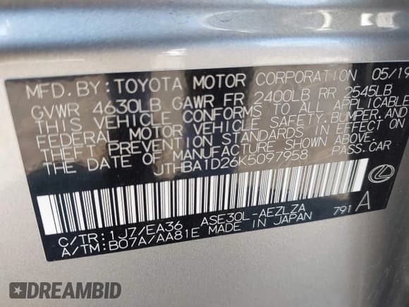 ✅ 2019 Lexus IS 300 • VIN: JTHBA1D26K5097958 • Lot: 43169335. Listed on IAAI with 104,597 mi. Free auction sales archive from the USA and detailed vehicle history report at DreamBid. Image 9.