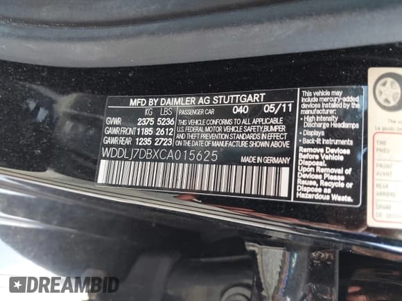 ✅ 2012 Mercedes-Benz CLS 550 • VIN: WDDLJ7DBXCA015625 • Lot: 43307973. Listed on IAAI with 149,582 mi. Free auction sales archive from the USA and detailed vehicle history report at DreamBid. Image 9.