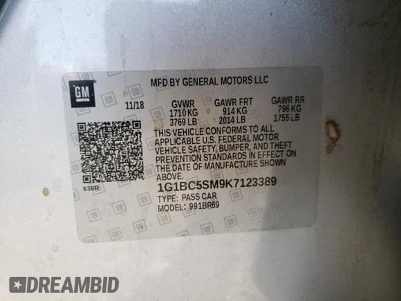 ✅ 2019 Chevrolet Cruze LS • VIN: 1G1BC5SM9K7123389 • Lot: 47245763. Listed on Copart with 93,802 mi. Free auction sales archive from the USA and detailed vehicle history report at DreamBid. Image 14.