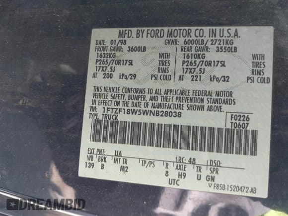 ✅ 1998 Ford F-150 • VIN: 1FTZF18W5WNB28038 • Lot: 42076019. Wystawiony na IAAI z przebiegiem 316 767 mil. Bezpłatny archiwum sprzedaży aukcyjnych z USA i szczegółowy raport historii pojazdu na DreamBid. Zdjęcie 9.