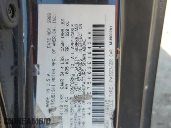 ✅ 2003 Mitsubishi Eclipse GTS • VIN: 4A3AE75H03E104599 • Lot: 67044945. Listed on Copart with Not provided. Free auction sales archive from the USA and detailed vehicle history report at DreamBid. Image 12.