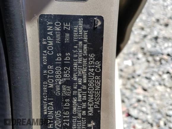 2006 Hyundai Elantra GLS z VIN KMHDN46D86U241936, wystawiony jako Copart lot #56013494 z przebiegiem Nie podano mil oraz Szkoda całkowita • Salvage title. Historia ofert i sprzedaży dostępna na DreamBid. Obrazek 14.