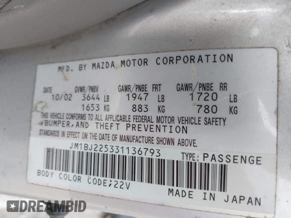 ✅ 2003 Mazda Protege DX • VIN: JM1BJ225331136793 • Lot: 42775972. Listed on IAAI with 188,046 mi. Free auction sales archive from the USA and detailed vehicle history report at DreamBid. Image 9.