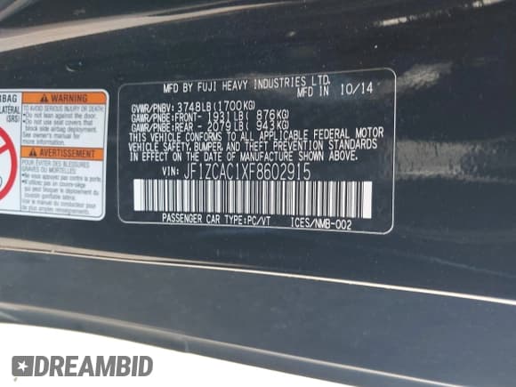 ✅ 2015 Subaru BRZ Limited • VIN: JF1ZCAC1XF8602915 • Lot: 43621460. Listed on IAAI with 98,360 mi. Free auction sales archive from the USA and detailed vehicle history report at DreamBid. Image 9.