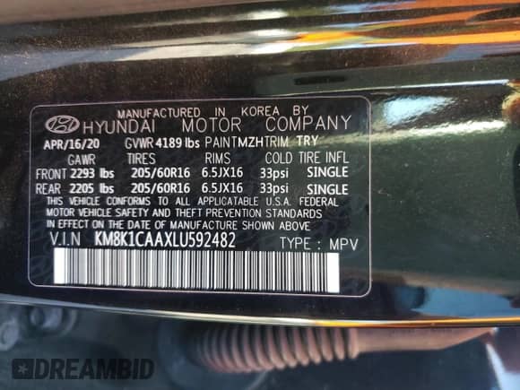 2020 Hyundai Kona SE with VIN KM8K1CAAXLU592482, listed as a Copart auction lot 57751842 with 28,783 mi miles and . Bid and sale history available at DreamBid. Image 10.