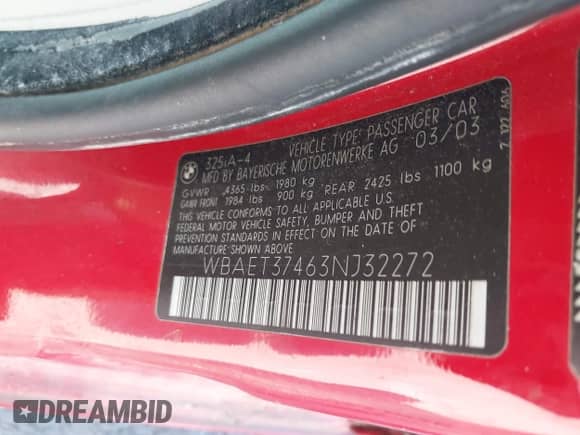 2003 BMW 3 Series 325i с VIN WBAET37463NJ32272, выставлен на аукционе IAAI как лот 43204821 с пробегом 261 517 миль миль и . История ставок и продаж доступна на DreamBid. Изображение 9.