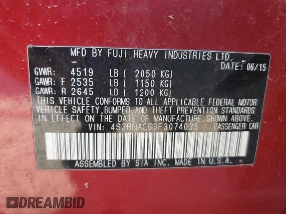 ✅ 2015 Subaru Legacy Premium • VIN: 4S3BNAC63F3074035 • Lot: 91091995. Listed on Copart with 99,643 mi. Free auction sales archive from the USA and detailed vehicle history report at DreamBid. Image 12.