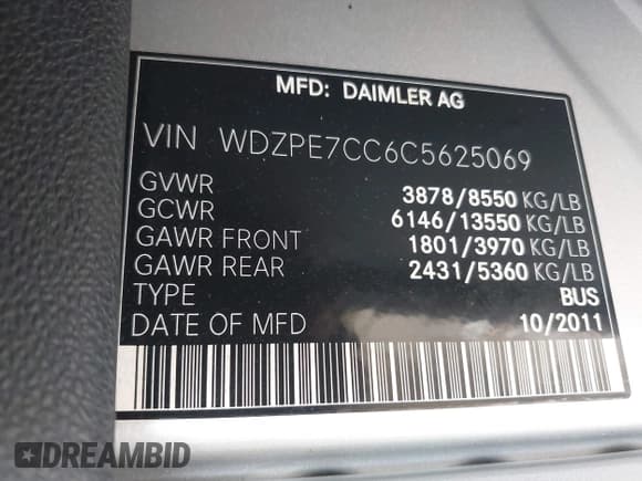 ✅ 2012 Mercedes-Benz Sprinter Passenger • VIN: WDZPE7CC6C5625069 • Лот: 41922635. Опубликован ранее на IAAI с пробегом 102 975 миль. Бесплатный доступ к архиву аукционных продаж из США и подробный отчёт об истории автомобиля на DreamBid. Изображение 9.