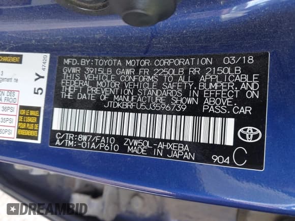 ✅ 2018 Toyota Prius Two • VIN: JTDKBRFU5J3596739 • Lot: 43369261. Listed on IAAI with 230,450 mi. Free auction sales archive from the USA and detailed vehicle history report at DreamBid. Image 9.