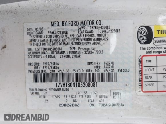 ✅ 2008 Ford Mustang Deluxe • VIN: 1ZVHT80N185208081 • Лот: 42360271. Опубликован ранее на IAAI с пробегом 77 494 миль. Бесплатный доступ к архиву аукционных продаж из США и подробный отчёт об истории автомобиля на DreamBid. Изображение 9.