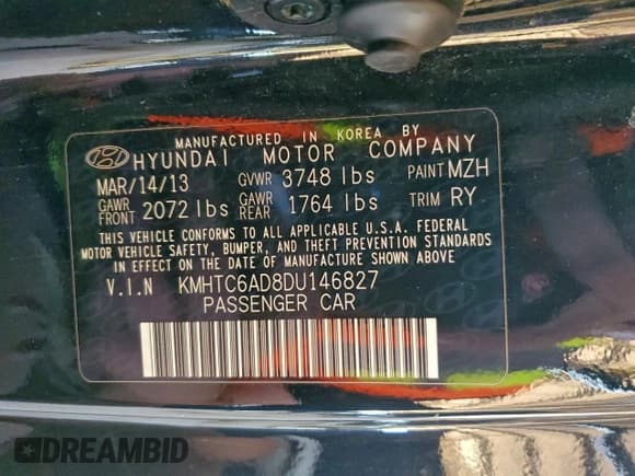 ✅ 2013 Hyundai Veloster w/Black Int • VIN: KMHTC6AD8DU146827 • Lot: 96189225. Listed on Copart with 43,774 mi. Free auction sales archive from the USA and detailed vehicle history report at DreamBid. Image 12.