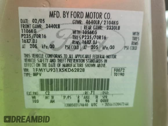 ✅ 2005 Ford Escape XLT • VIN: 1FMYU931X5KD62828 • Lot: 55139925. Listed on Copart with 108,704 mi. Free auction sales archive from the USA and detailed vehicle history report at DreamBid. Image 12.