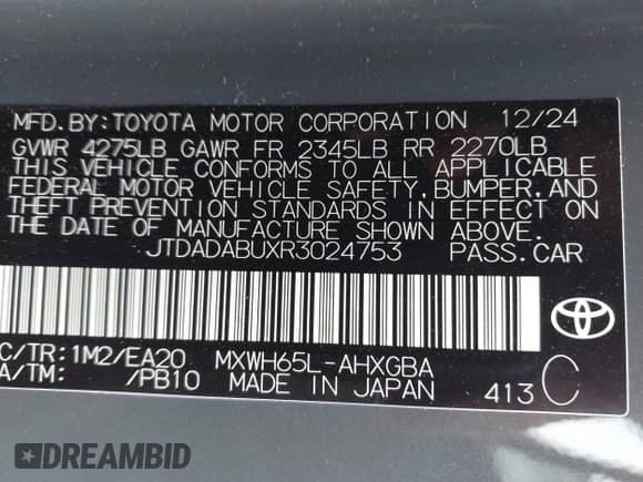 2024 Toyota Prius Limited with VIN JTDADABUXR3024753, listed as a IAAI auction lot 43319289 with 2,526 mi miles and . Bid and sale history available at DreamBid. Image 9.