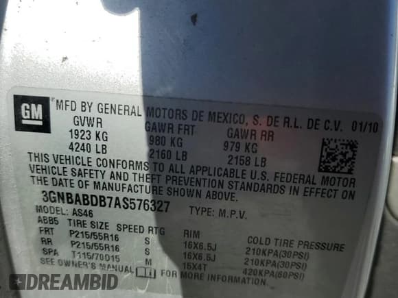 ✅ 2010 Chevrolet HHR 1LT • VIN: 3GNBABDB7AS576327 • Lot: 74284034. Listed on Copart with 200,665 mi. Free auction sales archive from the USA and detailed vehicle history report at DreamBid. Image 12.