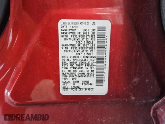 ✅ 2006 Nissan Murano SE • VIN: JN8AZ08W66W515176 • Lot: 81642665. Listed on Copart with 174,825 mi. Free auction sales archive from the USA and detailed vehicle history report at DreamBid. Image 13.