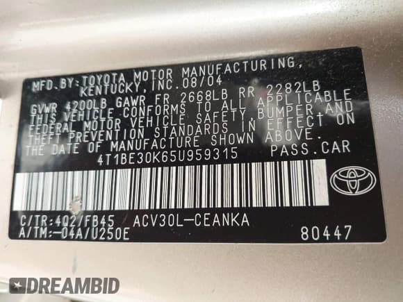 ✅ 2005 Toyota Camry LE • VIN: 4T1BE30K65U959315 • Lot: 42013123. Wystawiony na IAAI z przebiegiem 69 468 mil. Bezpłatny archiwum sprzedaży aukcyjnych z USA i szczegółowy raport historii pojazdu na DreamBid. Zdjęcie 9.