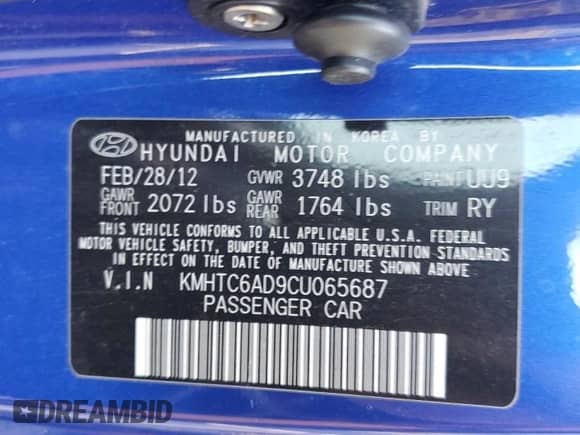 2012 Hyundai Veloster w/Red Int with VIN KMHTC6AD9CU065687, listed as a Copart auction lot 85752825 with Not provided miles and Salvage title. Bid and sale history available at DreamBid. Image 13.