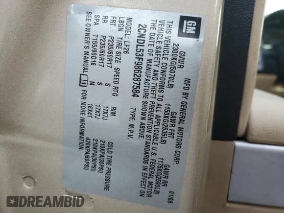 ✅ 2008 Chevrolet Equinox LT • VIN: 2CNDL53F986287584 • Лот: 81537734. Опубликован ранее на Copart с пробегом 204 364 миль. Бесплатный доступ к архиву аукционных продаж из США и подробный отчёт об истории автомобиля на DreamBid. Изображение 13.