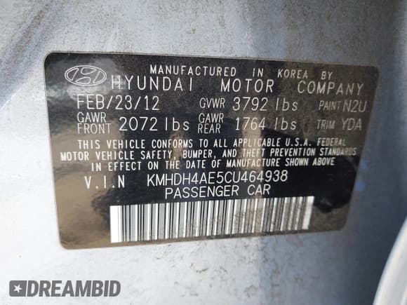 ✅ 2012 Hyundai Elantra Limited • VIN: KMHDH4AE5CU464938 • Lot: 42572413. Listed on IAAI with 181,076 mi. Free auction sales archive from the USA and detailed vehicle history report at DreamBid. Image 9.