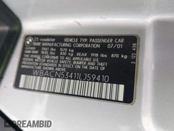 ✅ 2001 BMW Z3 3.0 • VIN: WBACN53411LJ59410 • Lot: 41894093. Listed on IAAI with 51,064 mi. Free auction sales archive from the USA and detailed vehicle history report at DreamBid. Image 9.