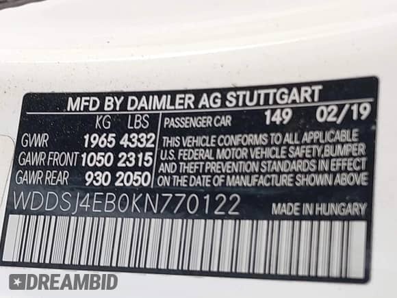 2019 Mercedes-Benz CLA 250 with VIN WDDSJ4EB0KN770122, listed as a IAAI auction lot 43241066 with 52,152 mi miles and . Bid and sale history available at DreamBid. Image 9.