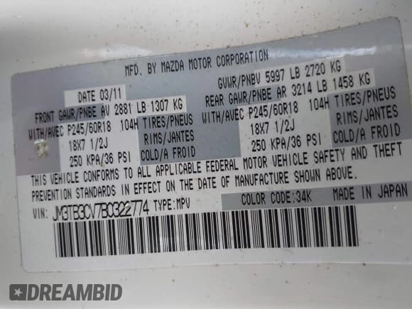 ✅ 2011 Mazda CX-9 Touring • VIN: JM3TB3CV7B0322774 • Lot: 42514234. Listed on IAAI with 97,785 mi. Free auction sales archive from the USA and detailed vehicle history report at DreamBid. Image 9.